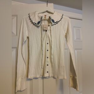 Free People collared White pointelle Button-Up Shirt with bow XS